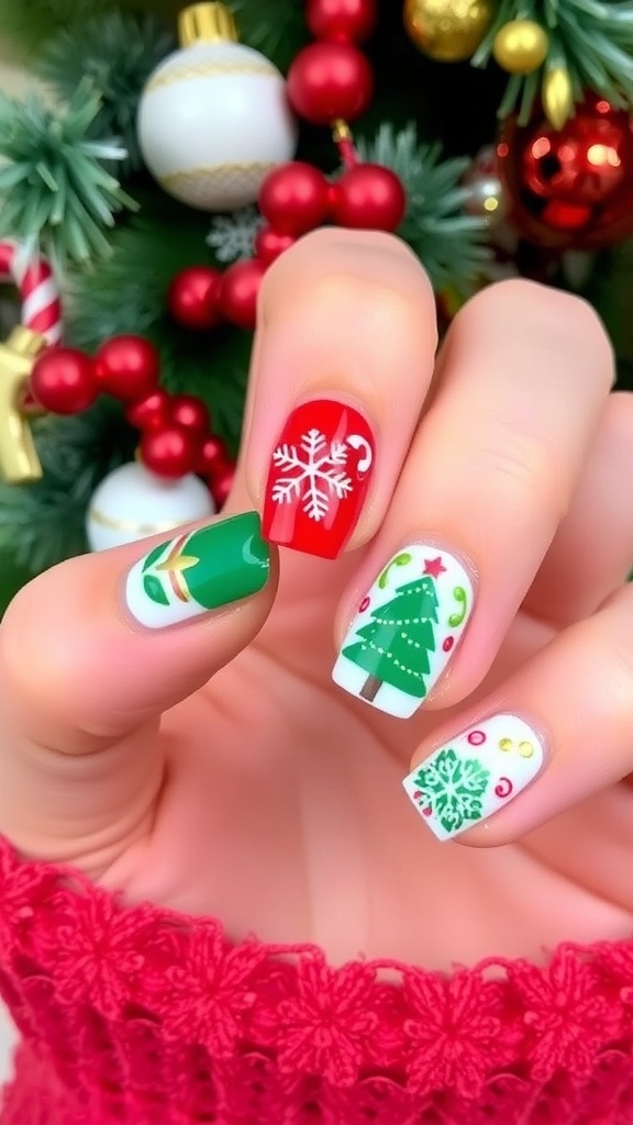 Winter Christmas nail art with festive designs in red, green, and white.